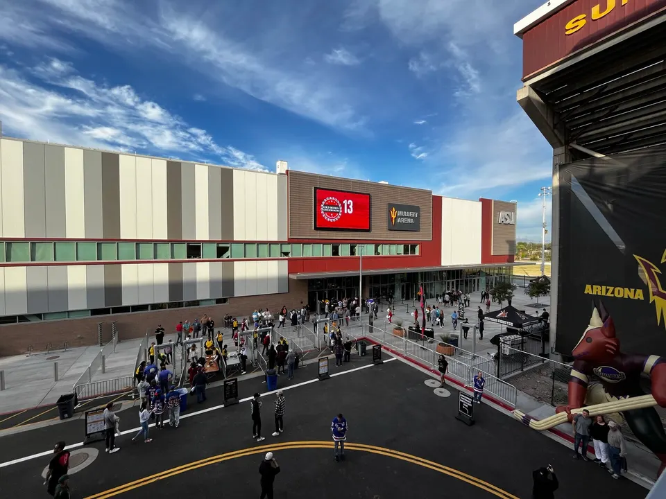 The south entrance of Mullett Arena, Arizona State's hockey home, in 2022