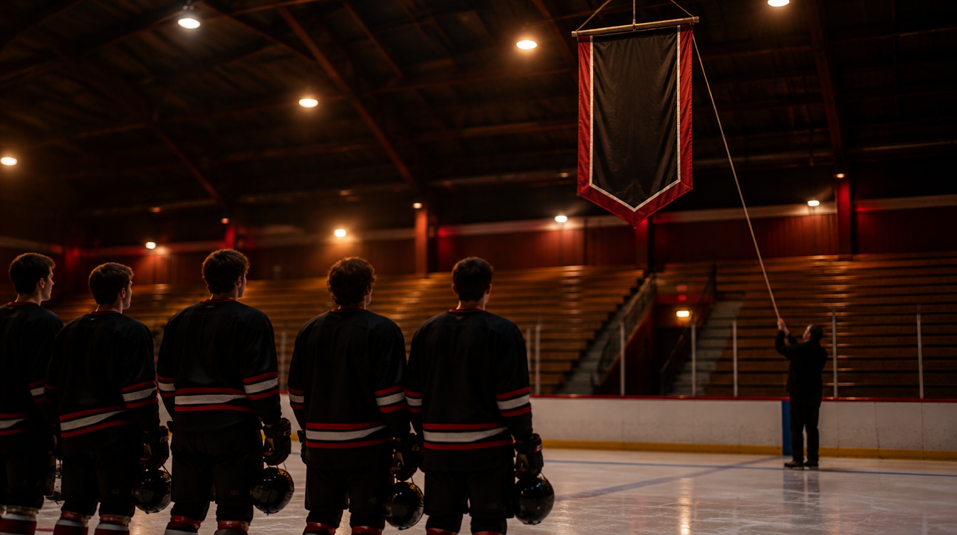 A plain championship banner is raised toward the rafters of a small junior hockey arena while players in unmarked jerseys watch from the blue line.