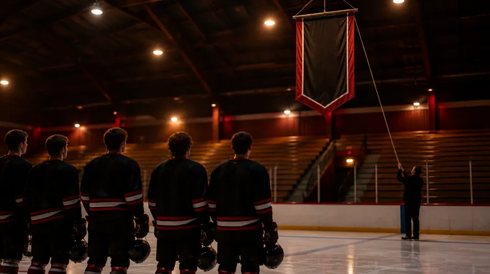 A plain championship banner is raised toward the rafters of a small junior hockey arena while players in unmarked jerseys watch from the blue line.