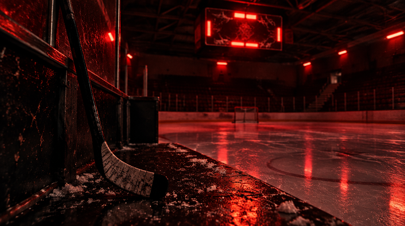 Illustration of a dim junior-hockey rink from behind the bench, a taped stick leaning on the boards under a red scoreboard glow
