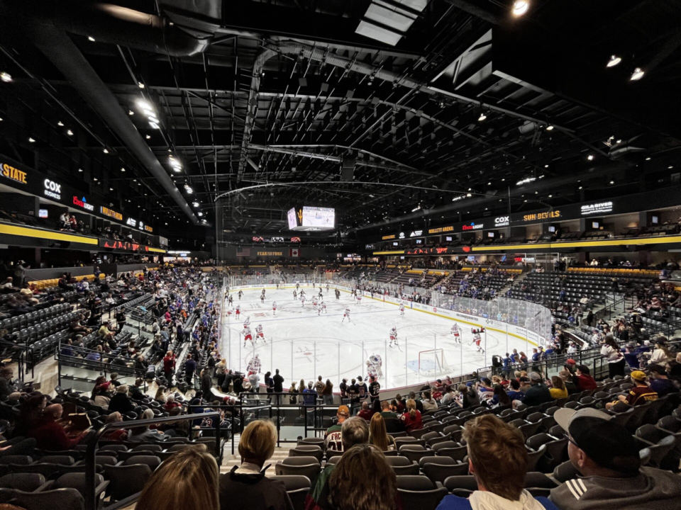 Mullett Arena, Arizona State's hockey home in Tempe, seen from the east end in 2022
