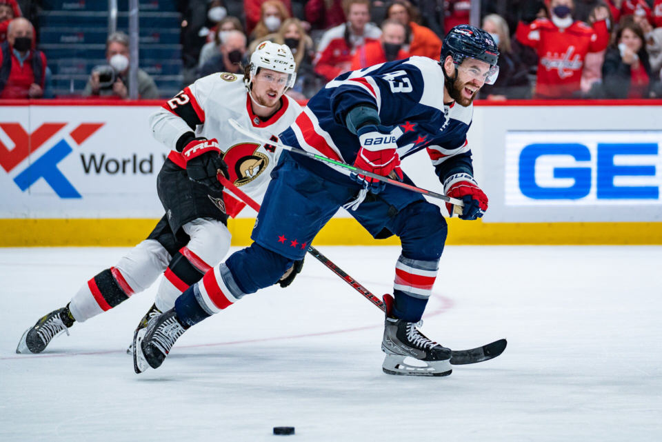 Thomas Chabot and Tom Wilson during Ottawa at Washington in January 2022