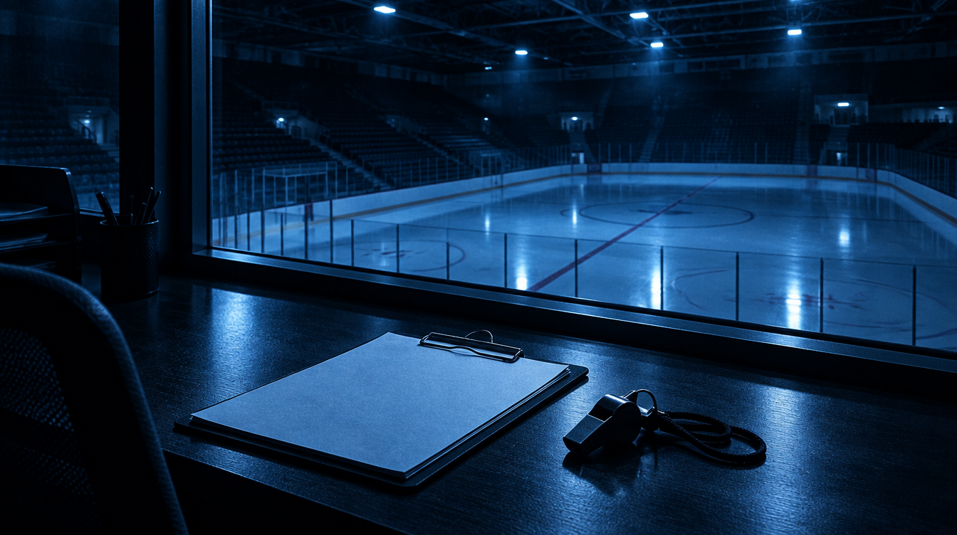 An empty front-office desk overlooking a dark ice rink at night