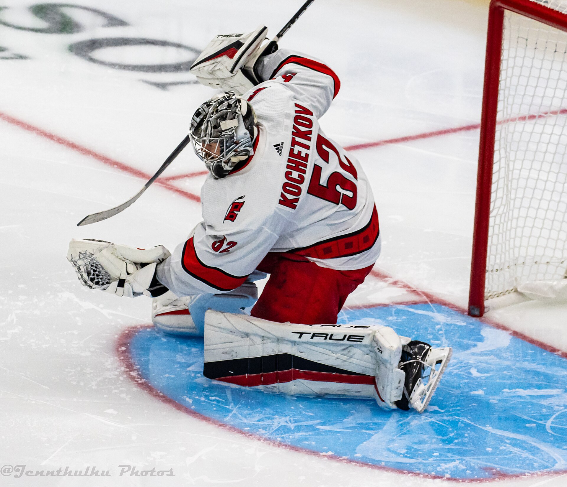 Pyotr Kochetkov in net for the Carolina Hurricanes against Seattle in October 2023