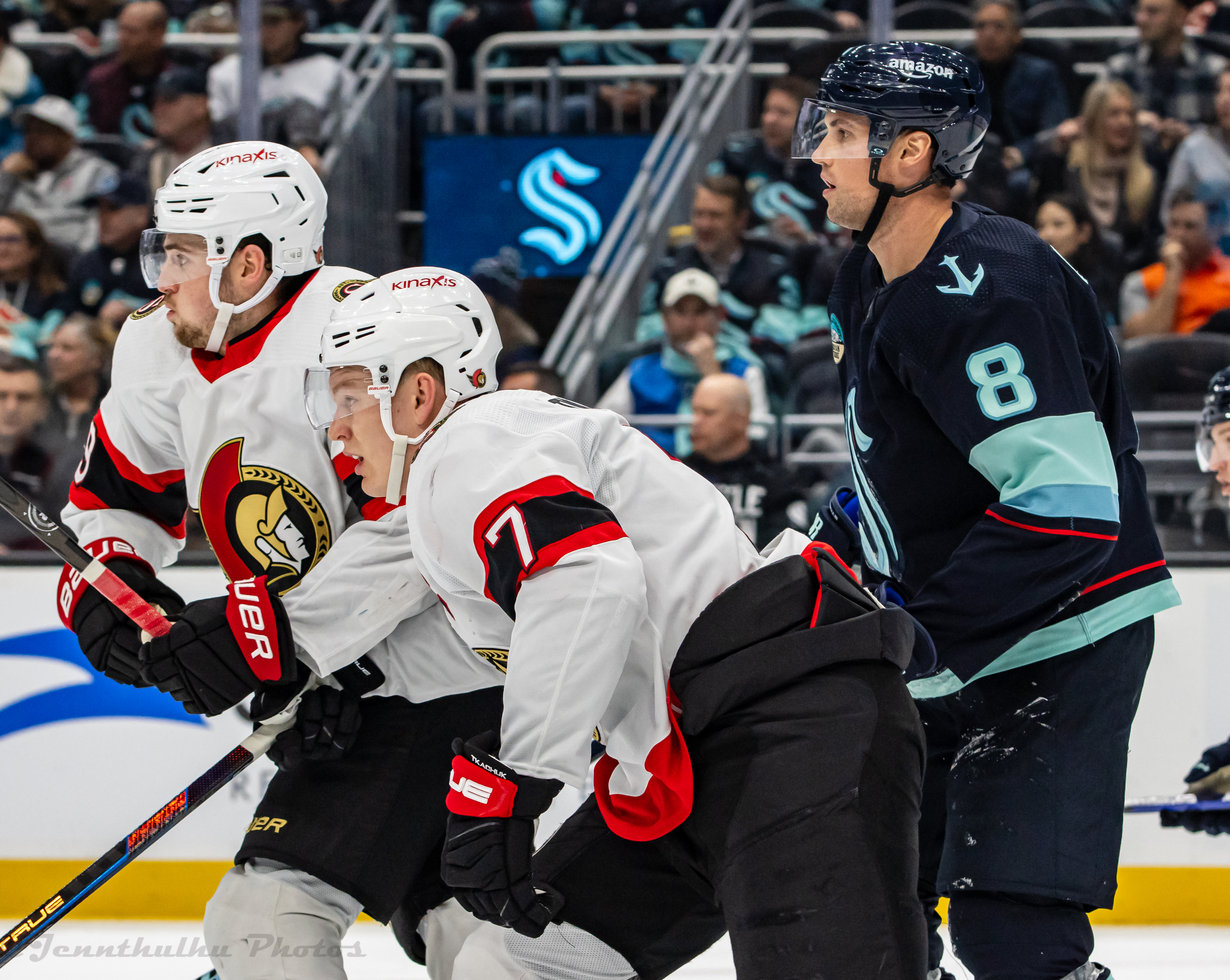 Brady Tkachuk battling in front of the net in January 2024, while with Ottawa