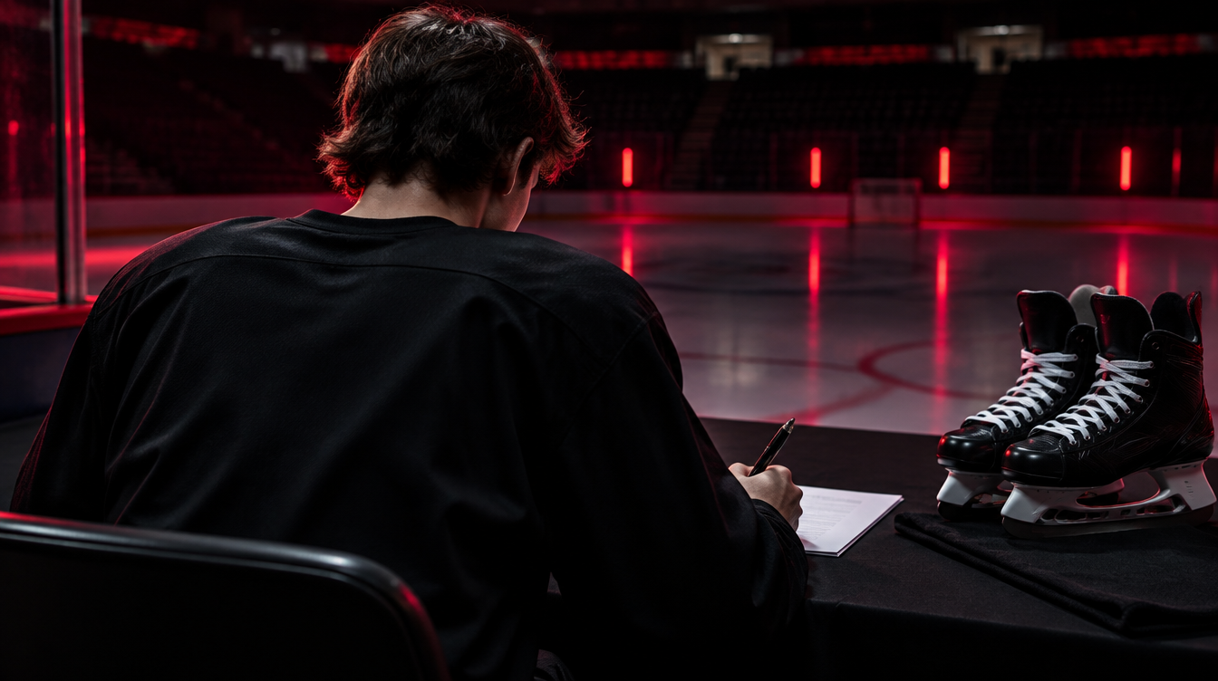 A young hockey player seen from behind signs a document at a table beside the ice, a fresh pair of skates next to him.