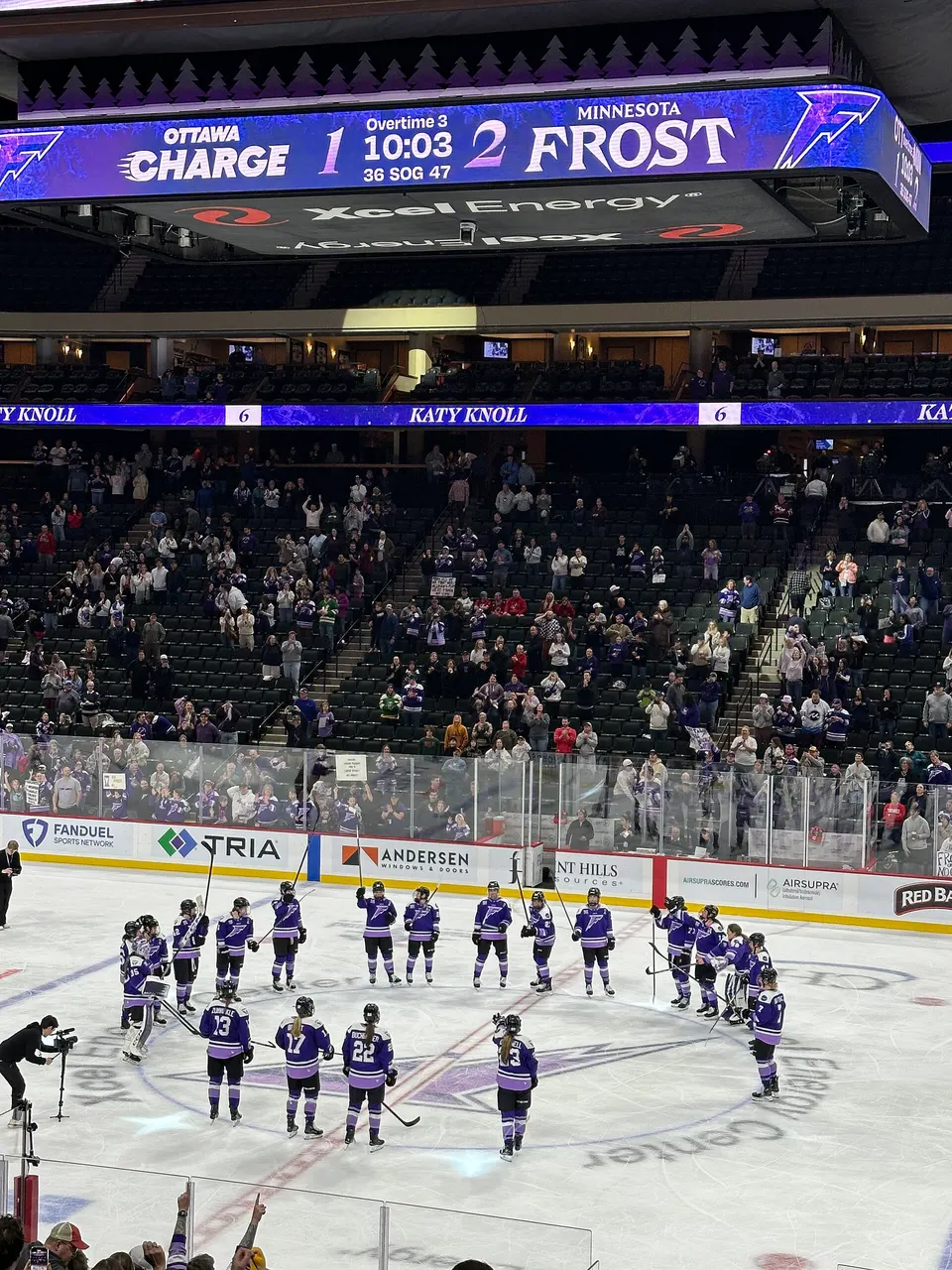 The Minnesota Frost during Game 3 of the 2025 PWHL Finals