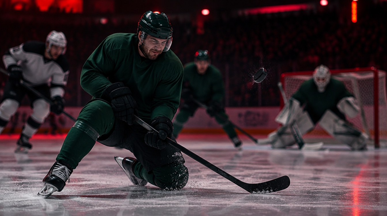 A hockey forward in a plain dark green jersey drops to one knee to block a shot on the penalty kill under arena lights.