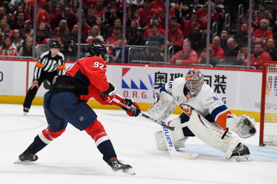Semyon Varlamov of the Islanders makes a save against the Capitals in March 2022