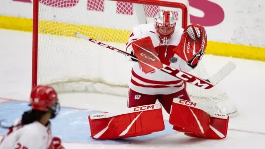 Wisconsin goaltender Ava McNaughton in net against Minnesota Duluth at LaBahn Arena, October 2024